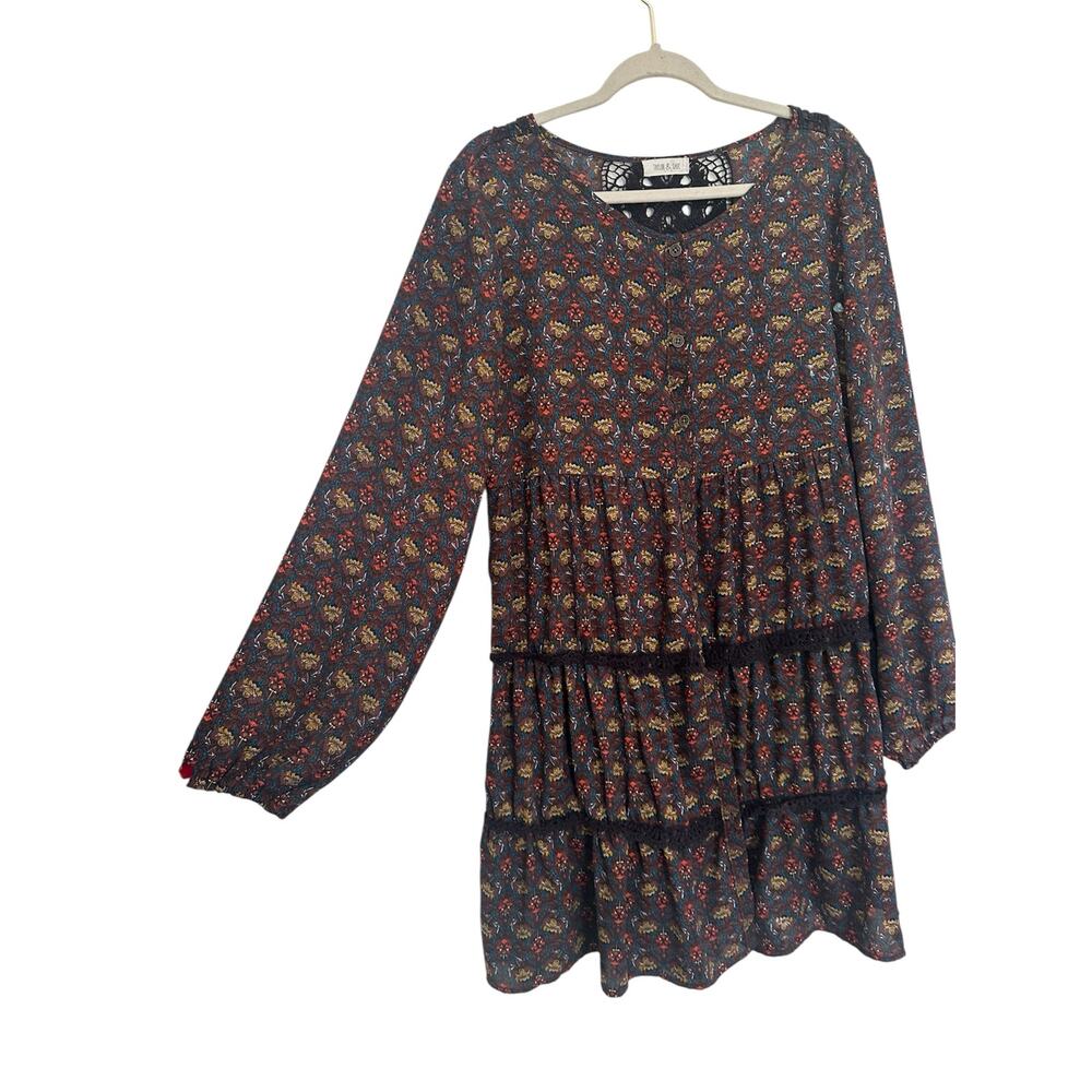 Boho western chiffon lace dress large peasant sleeve brown floral Taylor & sage